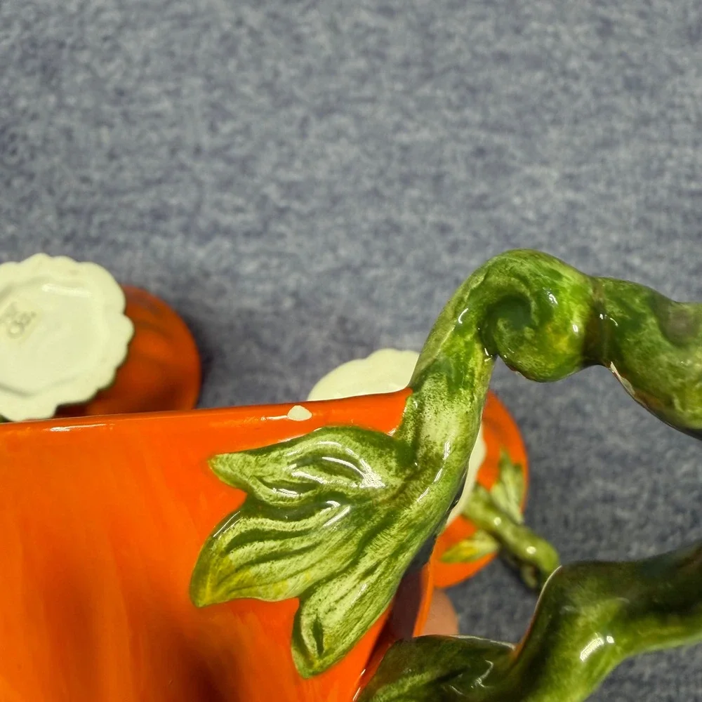 Dept 56 Pumpkin House Teapot + 3 Teacups Set Ceramic Fall Autumn Decor Whimsical